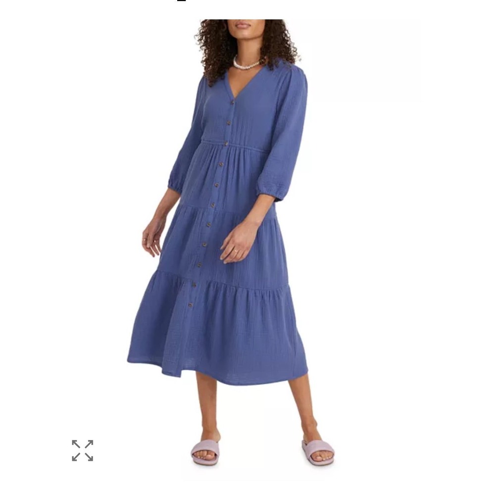 Marine Layer blue tiered button down crinkle cotton midi dress 3/4 sleeve large